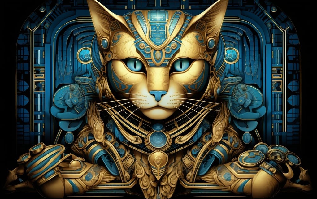 Prompt: full size cat godess laying in her temple, in the style of high - tech futurism, in the style of gold and cyan, egyptian x egyptian patterns, stripes and shapes, harsh realism, ramses younan, made of liquid metal, mark brooks, robotic motifs