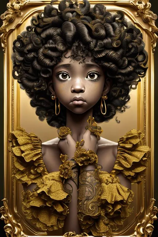 Prompt: Artwork by Daisuke Hagiwara of a black girl, curly hair, flowers in hair, soft gold yellow and black dress with ruffle and bow details, light black eyes, upturned mouth, hyper detailed and intricate, ornate, (sharp focus:1.2),smooth facial, eyes, nose, hand features, vivid, vibrant, 8K 3D, (UHD:1.2), 8k resolution, character design, CloverWorks, (rendered by real engine 5)