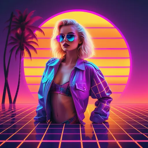 Prompt: bright colors, neon colors, gradient orange to purple, blue grid floor, blue grid foreground, lighting glow, 80s retro style, synthwave, vaporwave, vaporwave sun, bright green palm trees, beautiful woman, blonde hair, aviator sunglasses, wearing bikini