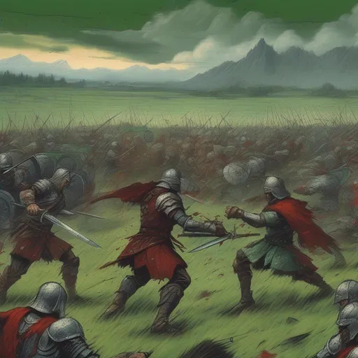 Prompt: Dark fantasy battle, big battle of two armies,
Several warriors are wounded on foreground, some warriors are fighting on foreground, some blood stains on grass, clouded sky in background, rain, thunderstorm in background, green grass, distant mountains in background
Drawn in retro fantasy style, coloured