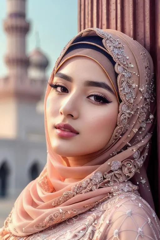 Prompt: Beautiful and sweet girl, hyper detailed perfect face, beautiful kpop idol, full body, long legs, perfect body, high-resolution perfect face, perfect proportions, intricate hyperdetailed hair, no makeup, wearing muslim outfit, peach lipstick, mosque background, highly detailed, intricate hyperdetailed shining eyes, ethereal, graceful, HDR, UHD, high res, 64k, cinematic lighting, special effects, 