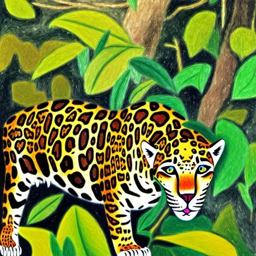 Prompt: Abstract flat Jaguar in a jungle with small birds in the background oil impressionist 2d   flat 