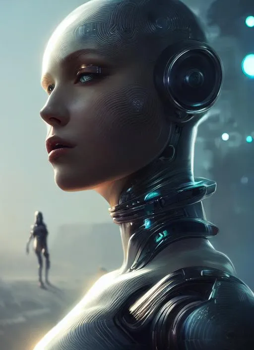 Prompt: Portrait of female android, futuristic background perfect composition, hyperrealistic, super detailed, 8k, high quality, trending art, trending on artstation, sharp focus, studio photo, intricate details, highly detailed, by greg rutkowski