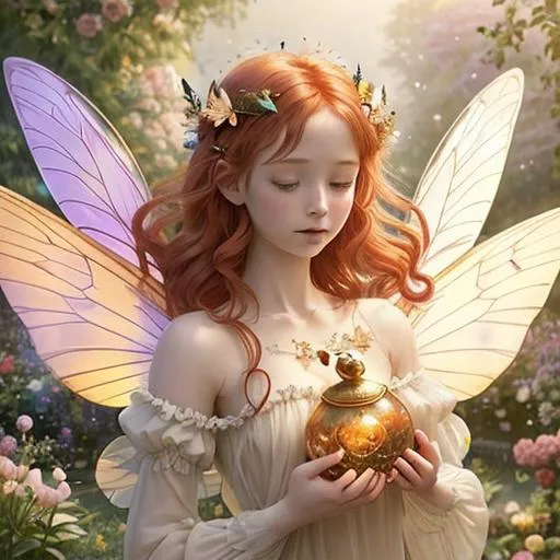 Prompt: winged fairy, wings on her back, Zoom in Portrait Very cute, young fairy holding a honeypot surrounded by many floating orbs of pale light. translucent butterfly fairy wings on her back (Masterpiece),gentle expression, gentle sparks of light, red hair, (Masterpiece), in a beautiful flowergarden, very beautiful fairy girl, fantasy, hovering just above the ground, realistic flowers and plants,, green constellation-like design Dress, in flower garden, lovely red hair, cinematic light, beautiful girl, beautiful eyes, long hair, perfect anatomy, very pretty, princess eyes, fantastic, stylised animation, bioluminescent, life size, 32K resolution, human hands, mysterious shape, graceful, almost perfect, dynamic angles, highly detailed, figure sheet, concept Art, smooth, symmetrical, balanced placement, fashion pose, 20s beauty, great hair, overhead space