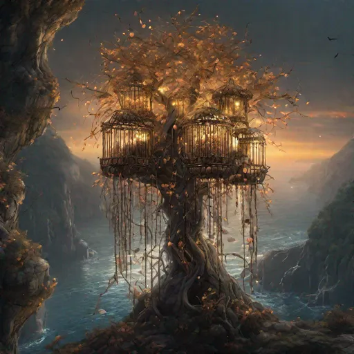 Prompt: large weeping peach tree with gold and glass bird cages, on a cliff backing the sea, surrounded by dark forest, concept art, epic lighting, beautiful intricate detail, finely-tuned, octane rendering