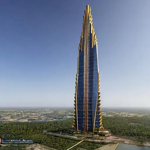 Prompt: Worlds tallest building inspired by Congolese architecture with precolonial congolese art inspiration and Congolese minerals, volumetric natural light, ultra realistic, vray,  hd