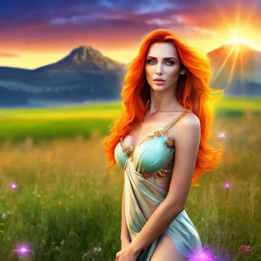 Prompt: HD 4k 3D 8k professional modeling photo hyper realistic beautiful mischievous woman ethereal greek goddess of mischief
bright orange hair green eyes gorgeous face tan skin dark shimmering dress dark wings full body surrounded by magical glowing light hd landscape background laying in a meadow on a hill