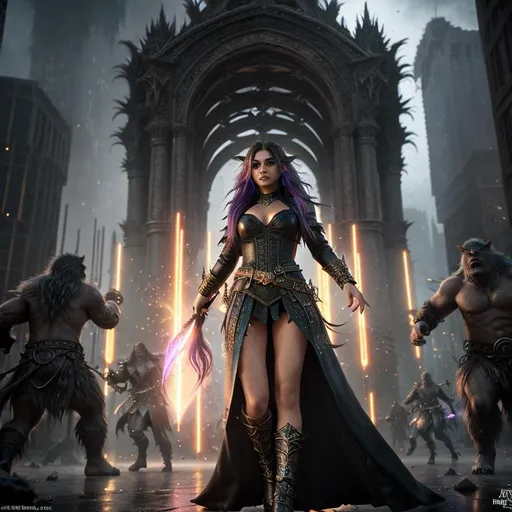 Prompt: Splash art, swirling magical lights, exploding debris, dense fog, create an intricately detailed, full body, ultra realistic, 3D Rendered image focused on an enticing, alluring, highly detailed, slender ((random hair color)), hyper detailed realistic skin, super exotic young adult magical human sorceress. {{surrounded by angry orcs.}}, casting magic lightning bolts} in an ultimate epic depiction of battling orcs, in a dystopian city destroyed by, 64k resolution, ultra photo realistic, highly exotic, ultimate fantasy, digital concept art, perfect cinematic lighting, perfect shading.