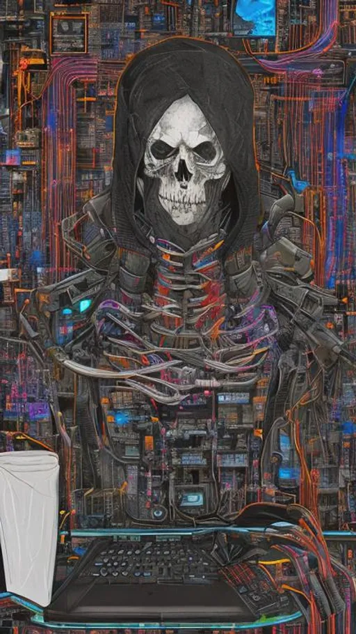 Prompt: Grim Reaper with scythe as a computer hacker, lo-fi, glitch-art, synthwave