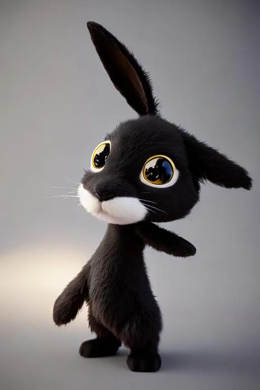 Prompt: 3d black bunny, long ears, fluffy, long shot, full body, cute and adorable, unreal engine cinematic smooth, intricate detail, cinematic, pixar render