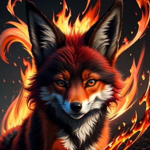 Prompt: (8k, 3D, UHD, ultra sharp, very detailed, masterpiece, detailed oil painting) portrait of fire elemental ((fox)), (canine quadruped), early adolescent female, silky crimson-red fur, emerald green eyes, 8k eyes, youthful, lively, lithe, black fur highlights, long silky hair on crest, slender, umber red mane, beautiful charming mischievous grin, wispy brown ears, wispy ruby-red mane flowers on fur, snow-capped trees, fur dusted with snow, forest, silky bushy tail, billowing mane, professional, unreal engine, dynamic, highly detailed