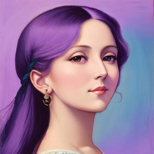 Prompt: A portrait of a woman in the style of Leonardo De Vinci wearing purple c!othes, pastel background