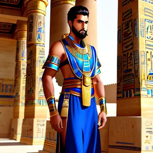 Prompt: A tall young tan handsome man wearing ancient egyptian noble clothes in a egyptian palace. short hair, blue eyes, short beard
