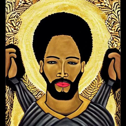 Prompt: black jesus portrait peaceful face spiritual inspired black and gold 
 
