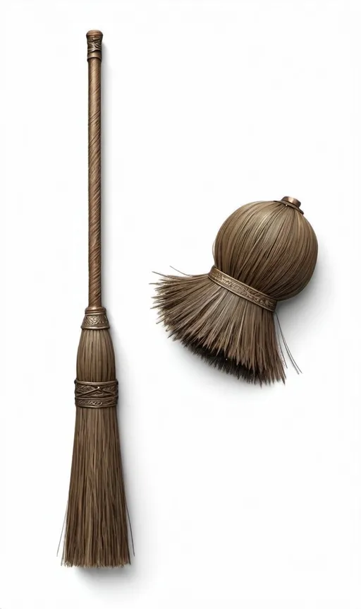 Prompt: Aerial wide view straight-down on top of a medieval broom on a white background, separated from each other, without touching the edges of the canvas, d&d, 3d render, seen from directly above, flat lay, semi-realistic textures