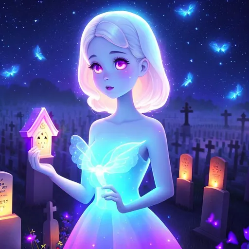 Prompt: Cute Pixar style painting, an adorable spirit woman, graveyard, midnight, translucent skin,  floating, nebula, galaxy, stars, fireflies, glowing eyes, glowing, Graves, cemetery, soft light, 4k, beautiful , gravestones, crypt, dead trees, hill