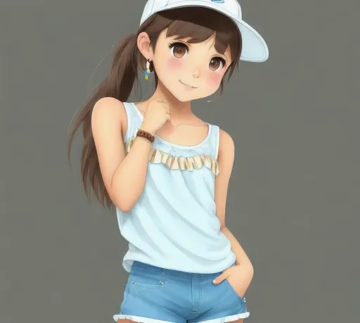 Prompt: A girl with chocolate brown hair that goes all the way down to her bottom, with hazel brown eyes and light tan skin, wearing comfy shorts and a sleeveless and strapless shirt and a cap all light yellow, also wearing light blue heart earrings, in a hand-drawn childrens storybook style. Perfect features, extremely detailed. Krenz Cushart + loish +gaston bussiere +craig mullins, j. c. leyendecker +Artgerm.
