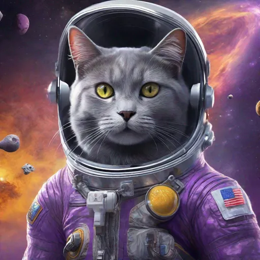 Prompt: Brilliant Striking concept art of a gray cat in a space suit with "Ricky" Written on the name tag. Floating through empty space chasing butter. Exquisite Detail Everything is perfectly to scale, HD, UHD, 8k Resolution, Vibrant Colorful Award winning Image with a purple color scheme