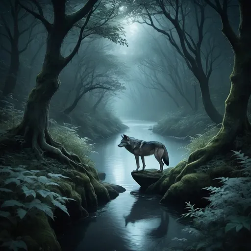 Prompt: small river with wolf surrounded by (mystical celtic forest), dark and ethereal atmosphere, hidden secrets, fog entwining the trees, (ultra-detailed), enchanting yet haunting,  view from above. 