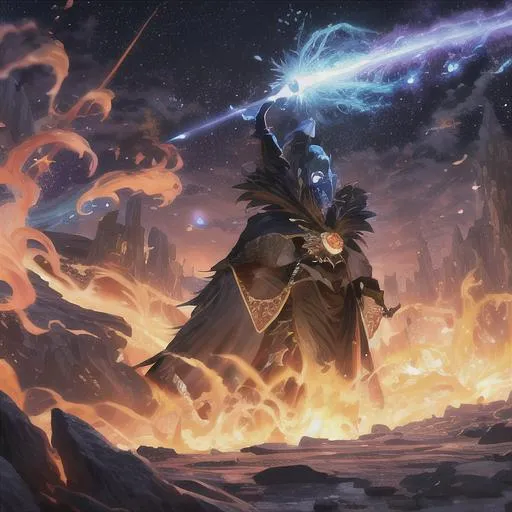 Prompt: UHD splash art final fantasy black mage summoning a huge meteor, very detailed, highres, Oil painting, landscape