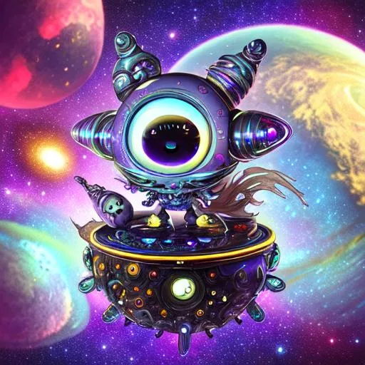 Prompt: hitchhiker's galaxy, an adorable chibi alien in spaceship, gorgeous eyes, sparks, Michael Kaluta, Aleksandr Kuskov, Christophe Heughe, Adobe After Effects, Post-Production, SFX, detailed, intricate, maximalist, elegant, ornate, realistic, super detailed, serene, 16k resolution, 3ds max, vray