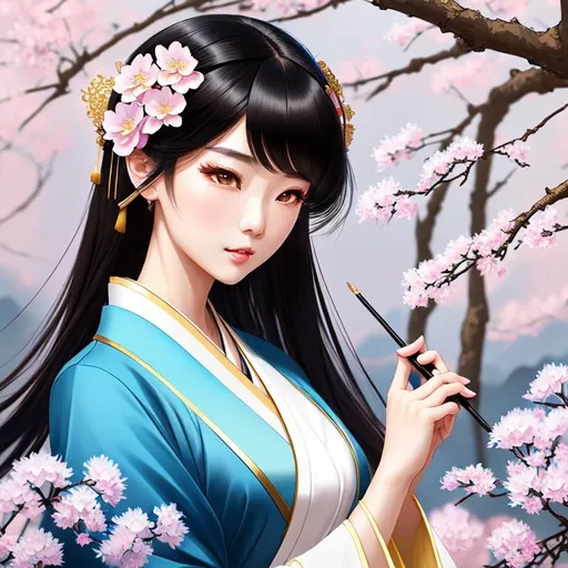 Prompt: Chinese landscape painting style, Splash art, HDR, Masterpiece, Kanzashi, Cute girl with black hair, (brown eyes), Lady's Hairdo,  Hanfu, Japanese inspired, intricate, detailed face, by Ilya Kuvshinov and Alphonse Mucha, Dreamy, pastel colors, honey, dynamic pose, makeup, elegant, delicate, hair ornament, blue hydrangeas, 