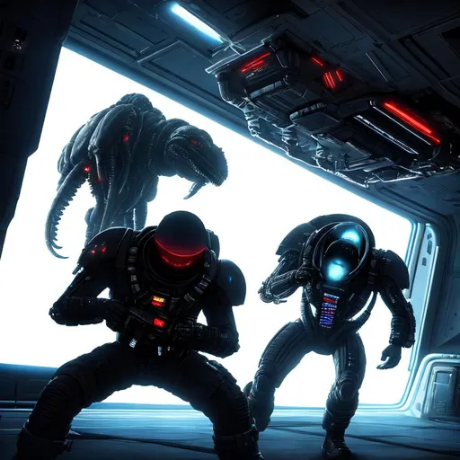 Prompt: colonial marines fighting xenomorphs on a space ship, unreal engine, octane, hyper-realistic, middle of SPACE, cyberpunk lights, Hyper Detail