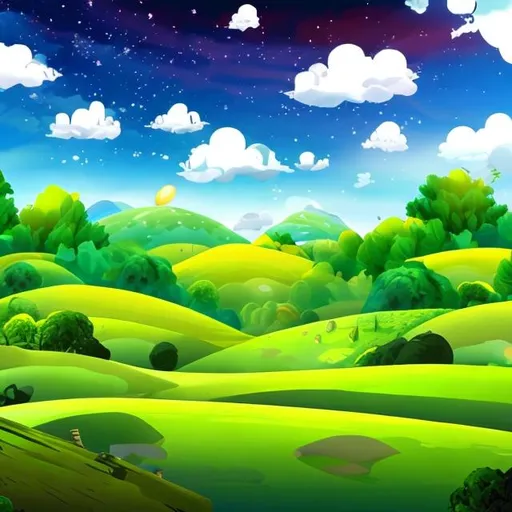 Prompt: green land background with sky hd cartoon
