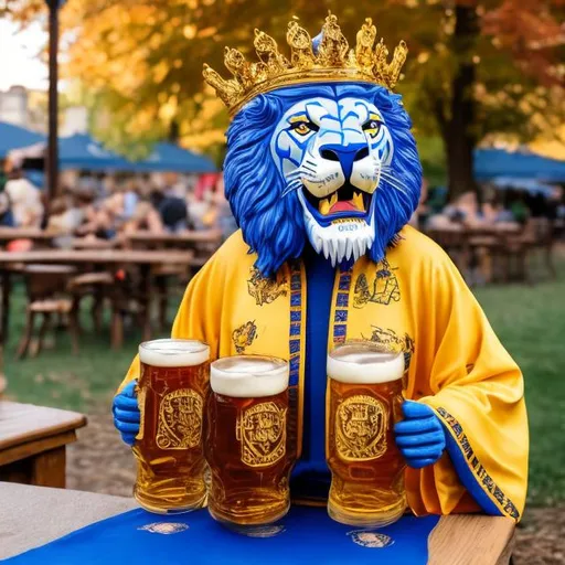 Prompt: smiling lion wearing regal robes of royal blue and gold celebrating friday afternoon with a large stein of beer in a beer garden during the fall season 