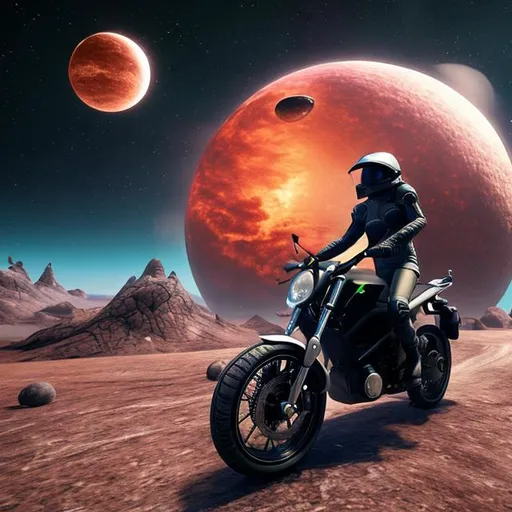 Prompt: A person is riding their motorcycle on an alien planet