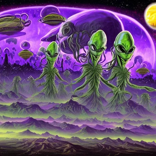 Prompt: Cannabis aliens taking over a purple planet high detail reality spaceships fire smoke 