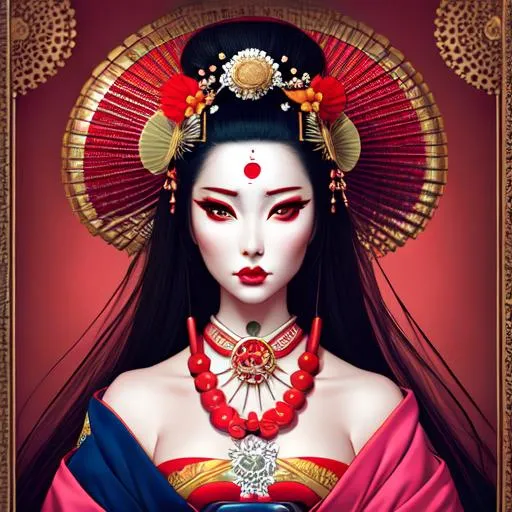 Prompt: **a portrait of a woman fully body symmetrical, geisha, coralpunk, by Natalie Shau --ar 2:3 