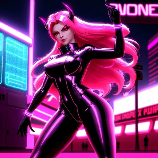 Prompt: a beautiful female demon in a dynamic pose in a retro futuristic synthwave cyberpunk neon paradise.  neon lighting, high quality, beautiful, synthwave, cyber, retro, futuristic