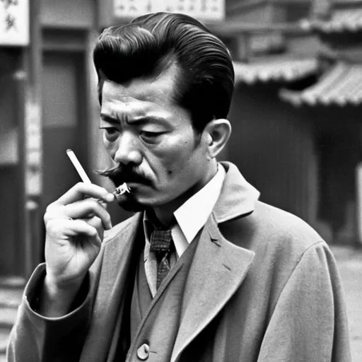 Prompt: stoic detective smoking a cigarette in 60s japan