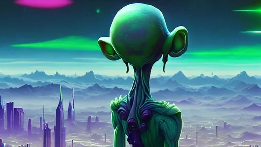 Prompt: A small and really skinny alien with a hunchback looks up at the green dystopian world in another galaxy, vaporwave