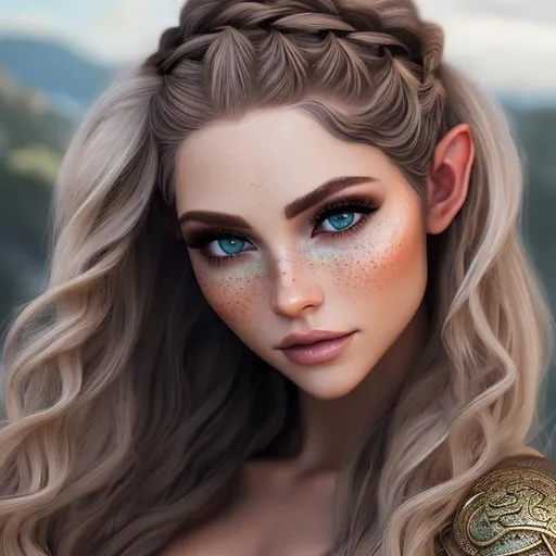 Prompt: Realistic, High Resolution, Elf, Cleric, light Blonde Hair, Green Eyes, Female, Light Tan, Full-body, Long Hair, Braids In Hair, Light Freckles On Cheeks, Natural Makeup, Medium Armor, Leather Armor,  revealing armor, Elven City in the Background, she has Divine Magic, Beautiful Face, masterpiece, best quality, super detailed, high resolution, very detailed, 8k uhd, realistic, natural light, amazing, fine detail, best, high quality, fine tuned, RAW photo, Hair jewelry, Angelic magice, has angel wings, Flowers in hair, weapon, full body, face shot, celestial, Divine, holy, silver in hair, gold in hair, sacred magic, sacred city, Elven race, Elven city.