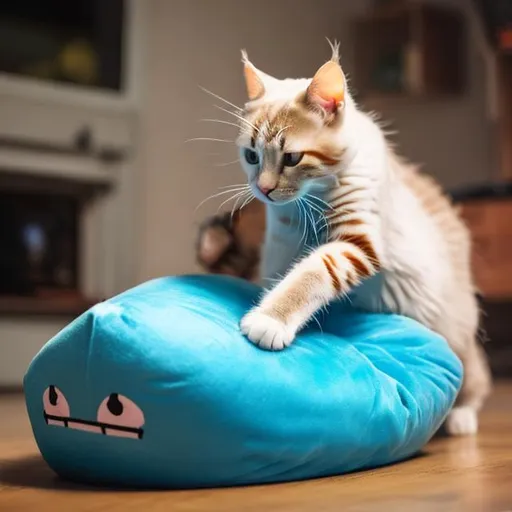 Prompt: a cat  sitting on a table licking a fish on a diamond beanbag