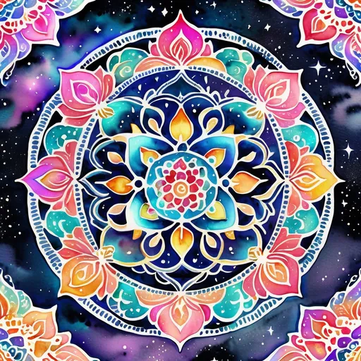 Prompt: Kawaii watercolor a galactic night sky decorated with Henna art inspired patterns, embellishments and Flourishes, bright vibrant colors, Highly detailed, popping vibrant colors, Gradient Colors, Intricate details, Highly textured, spiritual symbols of mandalas with Hindu, Buddhist, Jainism, Shinto, Bengali, Celtic, and Arabic geometric and whimsical patterns