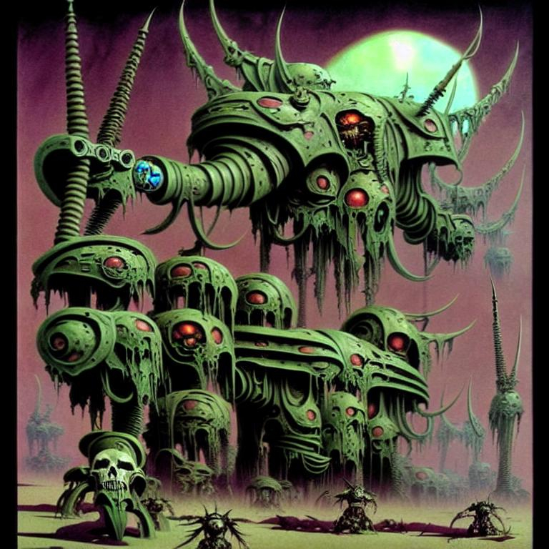 Death Guard (Warhammer 40k) in Roger Dean art Style.