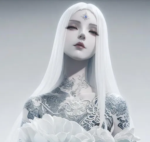 Prompt: Ethereal ceramic white. 3d delicate tattoos drawing. Surreal Dream . Ceramic pale skin. sharp focus. detailed, portrait, beautifully lit, ethereal, bleak,  art by stanley artgerm,   artstation fang xinyu,  huang guangjian and gil elvgren and sachin teng, Evan Lee, pilyeon, Zeronis, Viktoria Gavrilenko