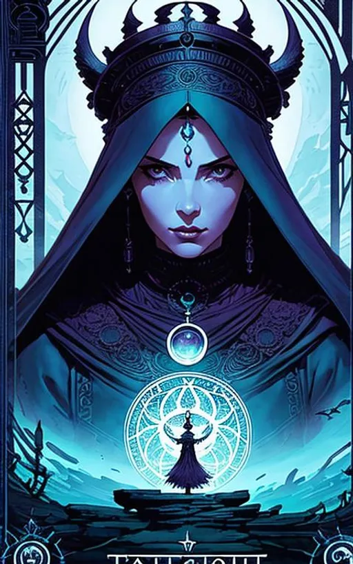 Prompt: tarot card + goddess portrait, vintage detailed sci-fi illustration designed by Marc Simonetti and Mike Mignola + pentagram + intricate Celtic ink illustration + symmetry + bloodborne