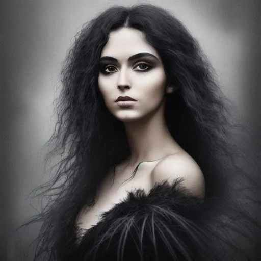 Prompt: portrait of a beautiful raven-haired goddess emerging from a dark mist