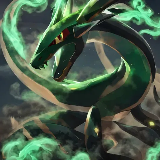 Prompt: rayquaza with smoke in the mountains
