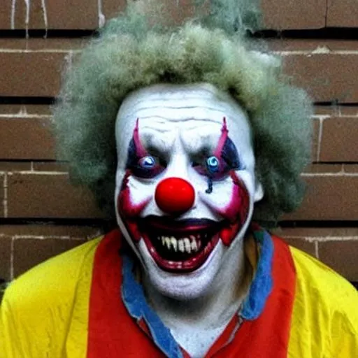 Prompt: Evil clown after a horrible car crash