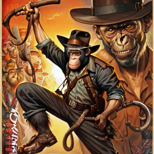 Prompt: chimpanzee dressed as Indiana Jones, cracking a whip, Drew Struzan poster, detailed face, highly detailed