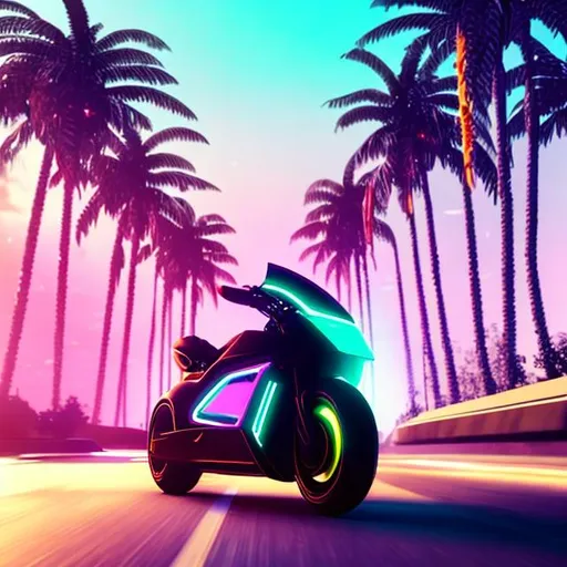 Prompt: A futuristic motorcycle in motion, glowing, neon, retrowave, palm trees, sun in backround
