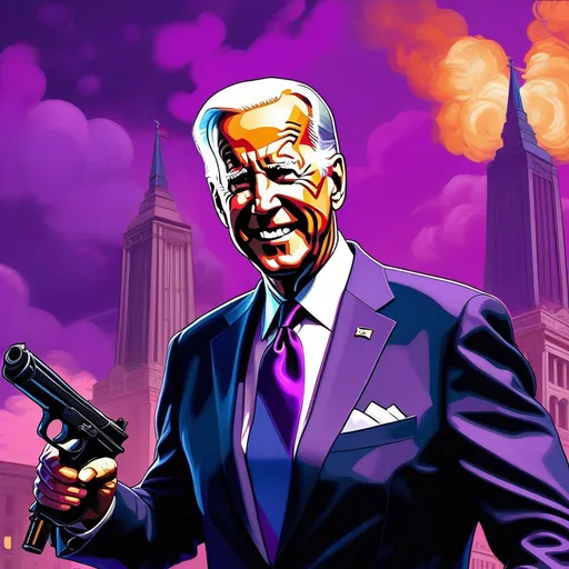 Prompt: Joe Biden in Saints Row, guns, cartoony, purple atmosphere, extremely detailed painting by Greg Rutkowski and by Henry Justice Ford and by Steve Henderson