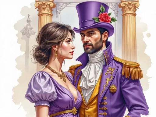 Prompt: This is a digital illustration in a comic book style, depicting a regal couple standing side by side. The woman, on the left, has fair skin and blue eyes, with her dark brown hair styled in an elegant updo. She is wearing a purple, low-cut dress with gold accents, including a choker and a decorative brooch at the neckline. Her dress has puffed sleeves and a fitted bodice that accentuates her figure. She also wears a tall, purple top hat adorned with a red rose and gold embellishments.
The man, on the right, has a slightly tanned complexion and dark brown hair, which is tied back. He has a beard and is wearing a similar tall, purple top hat with gold details. His outfit includes a white shirt with a high collar, a gold vest, and a purple coat with gold epaulettes. The coat has a high collar and is adorned with intricate gold buttons and embroidery.
The background features ornate, classical architecture with tall, golden columns and a decorative, white wall with intricate patterns. The overall color palette of the image is rich and regal, dominated by purples, golds, and whites, creating a formal and elegant atmosphere.