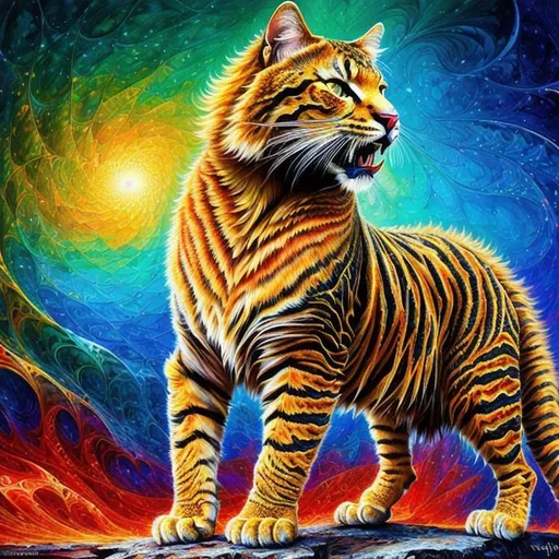 Prompt: {{{{highest quality concept art masterpiece}}}} digital drawing oil painting with {{visible fractal textured brush strokes}}, full color fractal Formula: (z² + c + (z² + c)) / (3z³ + c) background in voronoi and amazing hell,  spectacular wild full body big taby cat, showing her teeth and nails, holding the sun so bright in its paw highly-detailed, high resolution, 3d, hd, uhd.