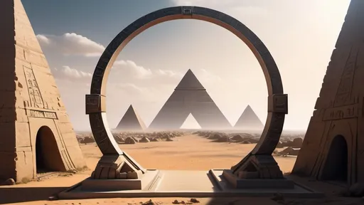 Prompt: circular portal, gateway between cities realms worlds kingdoms, ring standing on edge, freestanding ring, hieroglyphs on ring, complete ring, obelisks, pyramids, panoramic view, afro-futurism setting